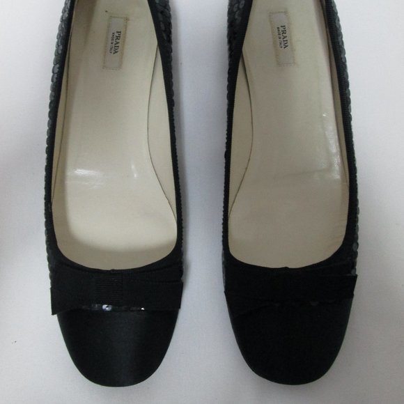 PRADA Vintage black Sequin Satin Leather flats with bow Italy slides Size 37 7 - Picture 3 of 14